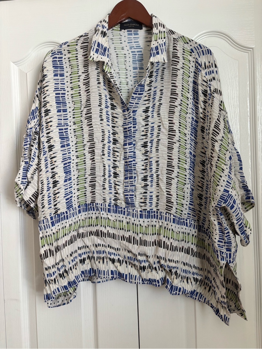 Piazza Sempione White Button-Front Shirt with Blue, Black & Green Stripes